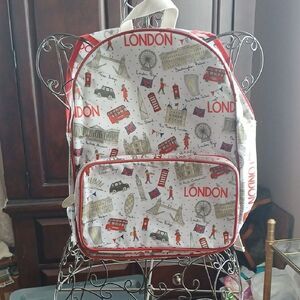 Milly Green London Themed Backpack with Red Accents